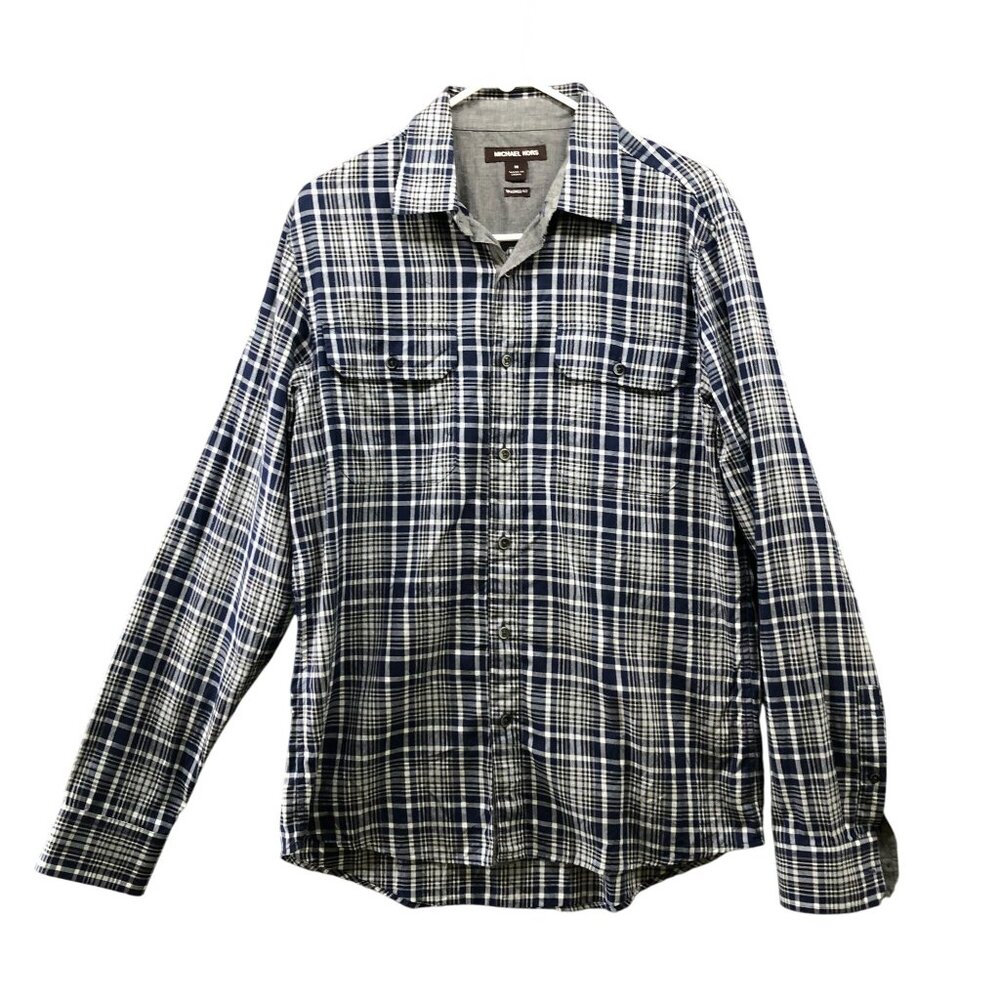 Michael Kors Tailored Fit Shirt Mens M Long‎ Sleeve Blue Gray Plaid Utility